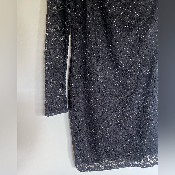 CHARLOTTE RUSSE Black Sparkly Lace Mini Dress Long Sleeve One Shoulder - Picture 5 of 9